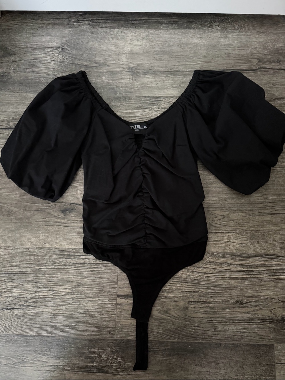 Kittenish Black Puff Sleeve Ruched Bodysuit Small